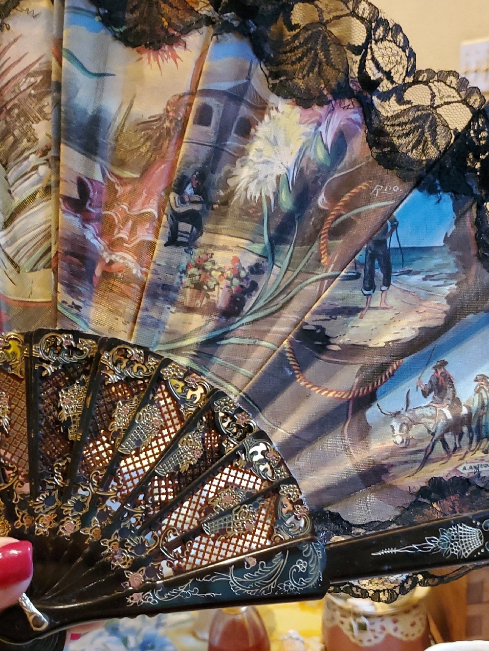 Decorative Handheld Fan with Multicolor Scenic Print and Black Lace